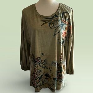 Farmers Market Boho Floral Olive Green Beaded Women's Top with Balloon Sleeves